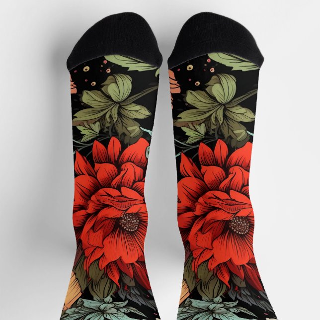 Calcetines Dark Academia Maximalist Red Dahlia Floral  (Arriba)