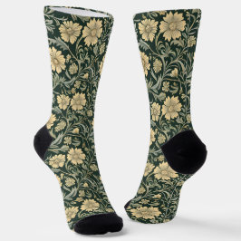 Calcetines Dark green stylized yellow flowers  pattern 