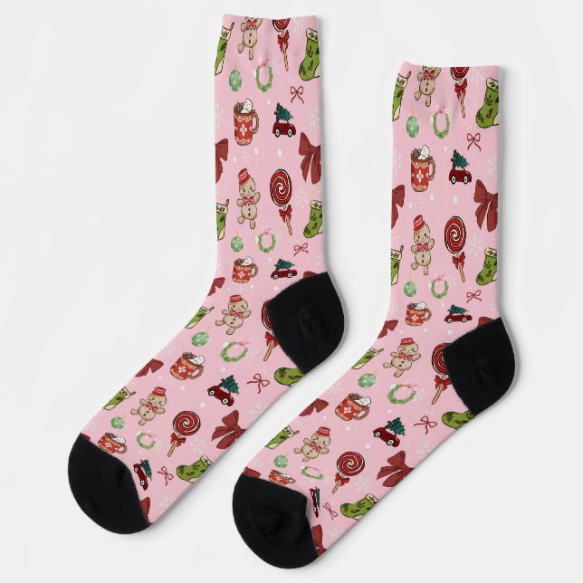 Calcetines de jengibre de Navidad rosados acogedor (Izquierda)
