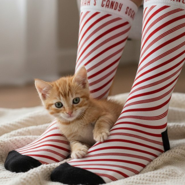Calcetines de Navidad a rayas de caramelo rojas y  (Enjoy holiday cuddles with your furry friend! )