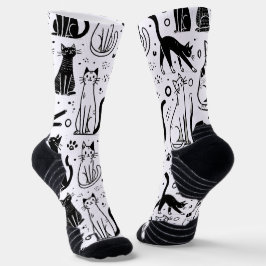 Calcetines de patrón de gato en blanco y negro - E