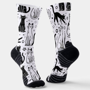Calcetines de patrón de gato en blanco y negro - E