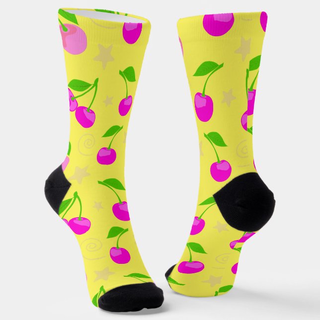 Calcetines Decora Kei Patrón de Cereza Arcoíris Amarillo (Angular)