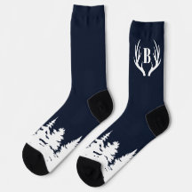 Deer Antlers Men's Crew Socks Blue and White