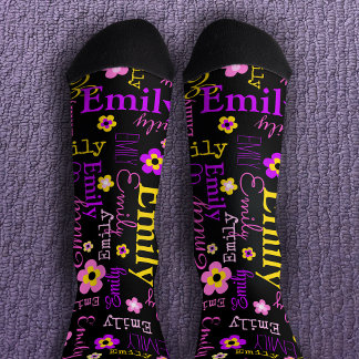 Calcetines Denominar patrón de flor rosa morado negro