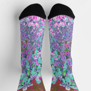 Calcetines Detalles de Hortensia Elegante Aqua y Púrpura Lime