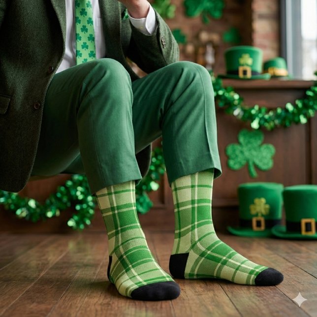 Calcetines Día de San Patricio de Cuadros Verdes  (Accessorize your St. Patrick's day outfit with Irish Green plaid socks for men and women.)