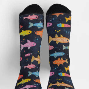 Calcetines Dibujo de tiza de pez de mar patrón negro