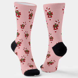 Calcetines Dibujo festivo de bastón de caramelo sobre rosa