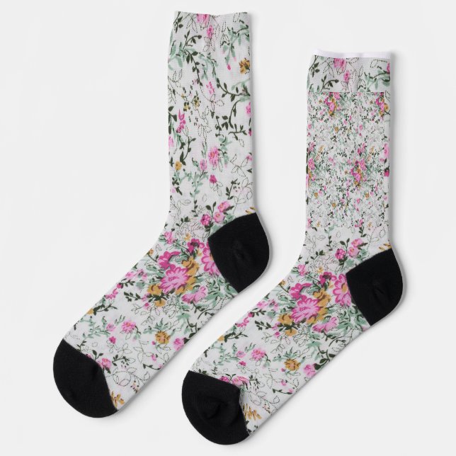 Calcetines Diseño artístico floral rosa y verde (Izquierda)