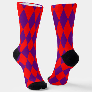Calcetines Diseño de cuadros arlequín rojo y púrpura