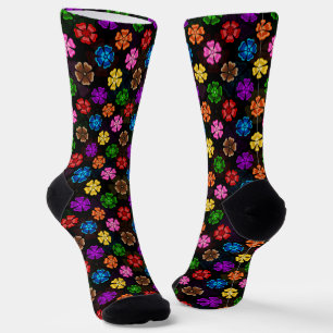 Calcetines Diseño de flores de arcoíris retro coloridas negro
