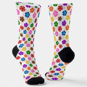 Calcetines Diseño de flores de arcoíris retro colorido blanco