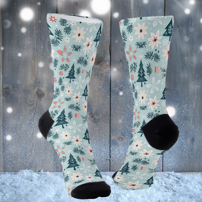 Calcetines Diseño de flores y árboles festivos (floral christmas 1)