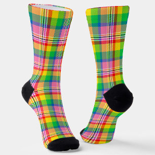 Calcetines Diseño de la placa de tartán amarillo verde rosa