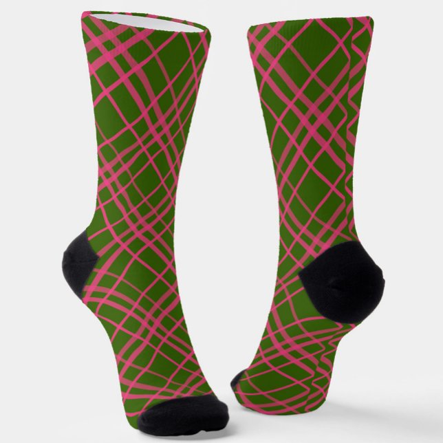 Calcetines Diseño de líneas a cuadros rosa sobre verde (Subido por el creador)