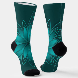 Calcetines Diseño de Mandala de Hoja Verde Azulada en Cian Os