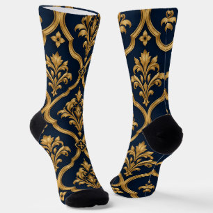 Calcetines Diseño de Motivo Vintage de Damasco Dorado y Azul