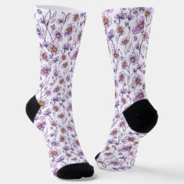 Calcetines Diseño de patrón botánico de flor silvestre púrpur