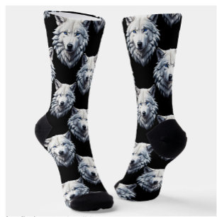 Calcetines Diseño de patrón de cabeza de lobo blanco