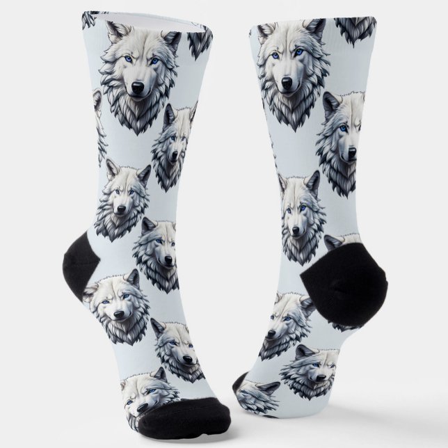 Calcetines Diseño de patrón de cabeza de lobo blanco - Blanco (Subido por el creador)