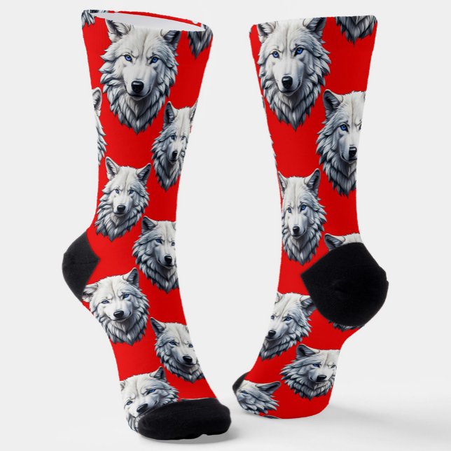 Calcetines Diseño de patrón de cabeza de lobo blanco - rojo (Subido por el creador)