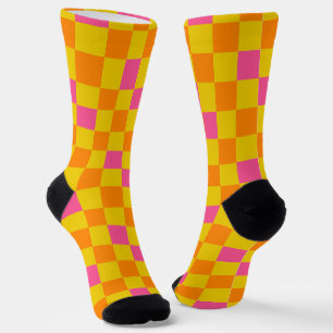 Calcetines Diseño de Patrón de Cuadros Naranja Amarillo Rosa