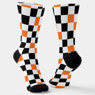 Calcetines Diseño de Patrón de Cuadros Naranja Negro Blanco