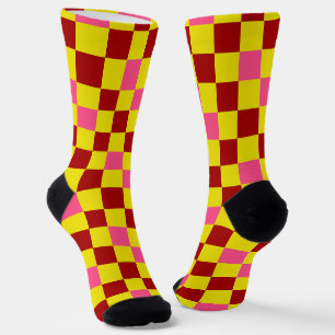 Calcetines Diseño de Patrón de Cuadros Rojo Amarillo Rosa