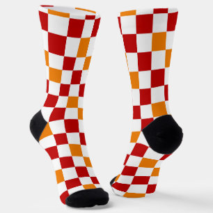 Calcetines Diseño de Patrón de Cuadros Rojo Blanco Naranja 