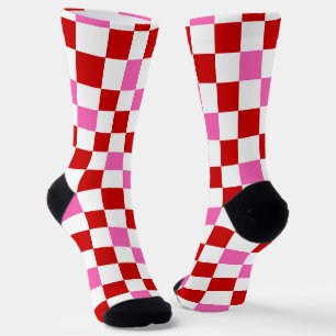 Calcetines Diseño de patrón de cuadros rojo blanco y rosa