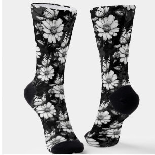 Calcetines Diseño de patrones de flor de mariposa - Negro
