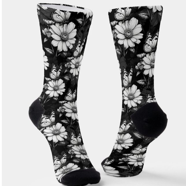 Calcetines Diseño de patrones de flor de mariposa - Negro (Subido por el creador)