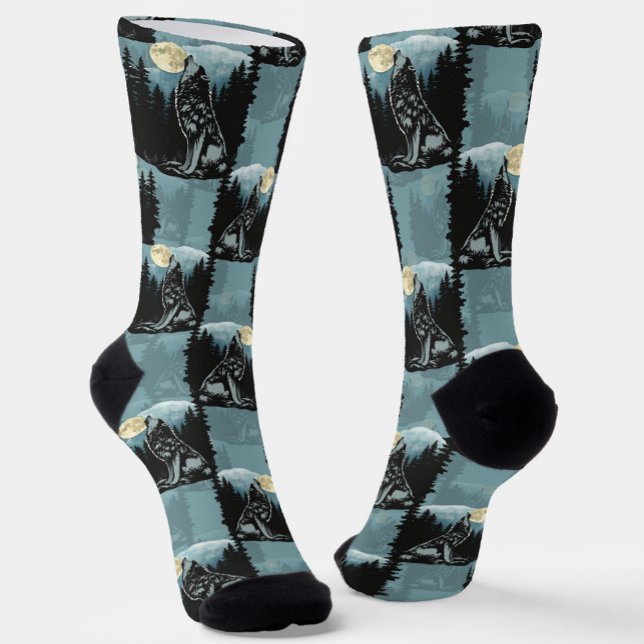 Calcetines Diseño del patrón Wolf Howling At Moon (Subido por el creador)