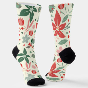 Calcetines Diseño floral brillante con hojas verdes y punto