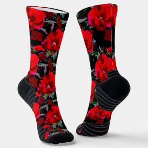 Calcetines Diseño floral retro rojo amapola