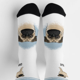 Calcetines Diseño y nombre de raza de perro Fawn Pug Mops azu