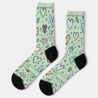 Calcetines Doodle Hearts on Light Green with Text