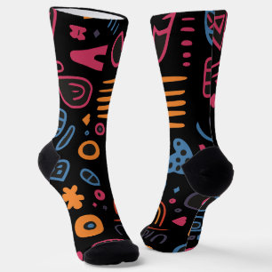 Calcetines Doodle Tribal Abstracto Neon Geométrico Negro