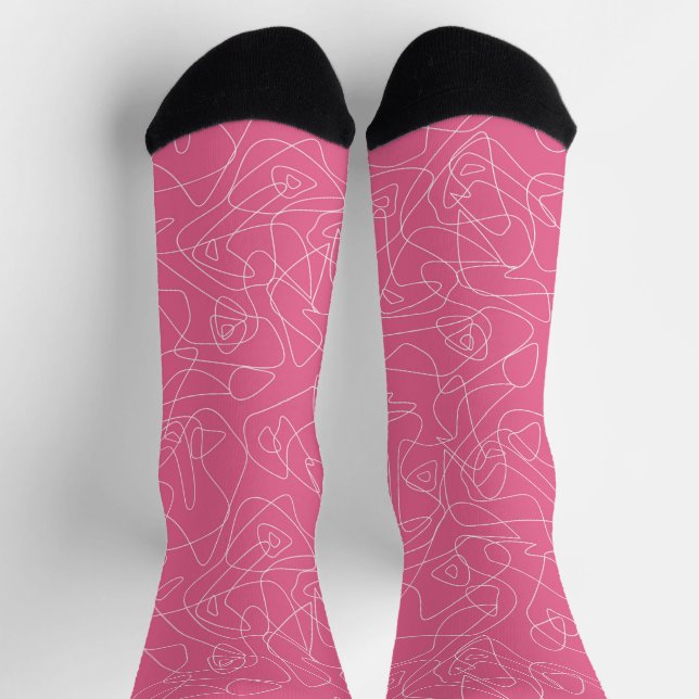 Calcetines Doodles abstractos blancos sobre fondo rosa (Arriba)