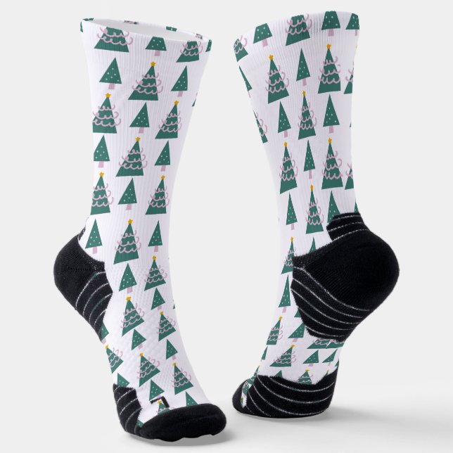 Calcetines Doodles de árboles de Navidad Doodle verde rosado (Angular)