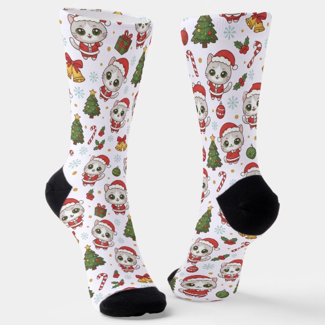 Calcetines dorable Kitten And Christmas Icons Pattern Holiday (Angular)