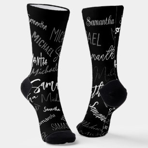 Calcetines Dos nombres pareja patrón monograma blanco negro