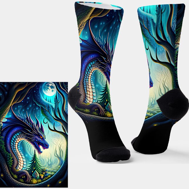 Calcetines Dragón azul morado de fantasía en negro (Subido por el creador)