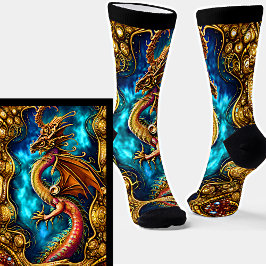 Calcetines Dragón dorado Steampunk y cielo azul en negro