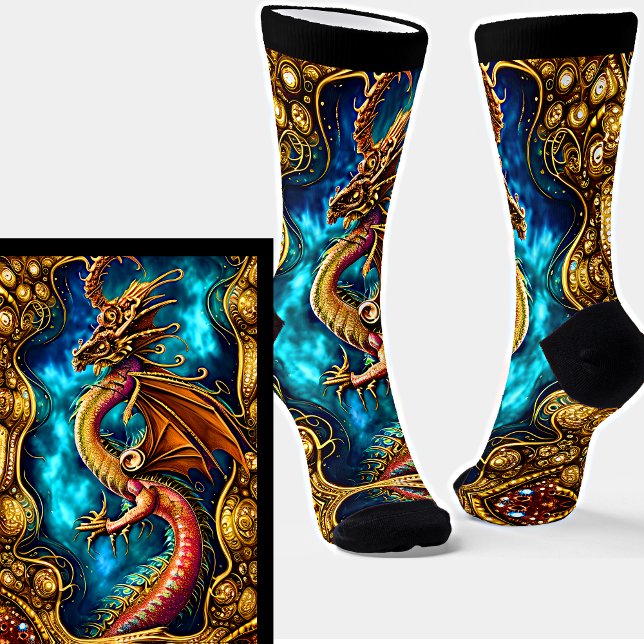 Calcetines Dragón dorado Steampunk y cielo azul en negro (Subido por el creador)