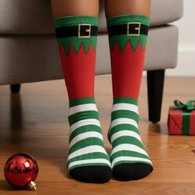 Calcetines Duende de Navidad de rayas verdes y rojas de Santa (Santa's Elf Christmas Green Striped Red Socks
)
