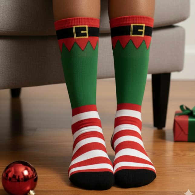 Calcetines Duende de Santa Navidad Rayas Rojas Verde (Santa's Elf Christmas Red Striped Green Socks
)