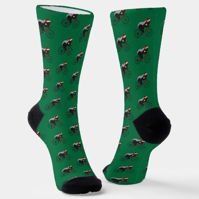 Calcetines Dulce divertido tejón Santa ciclista verde Navidad (Angular)