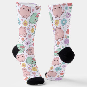 Calcetines Dulce Patrón Floral de Primavera y Gato Kawaii Pas